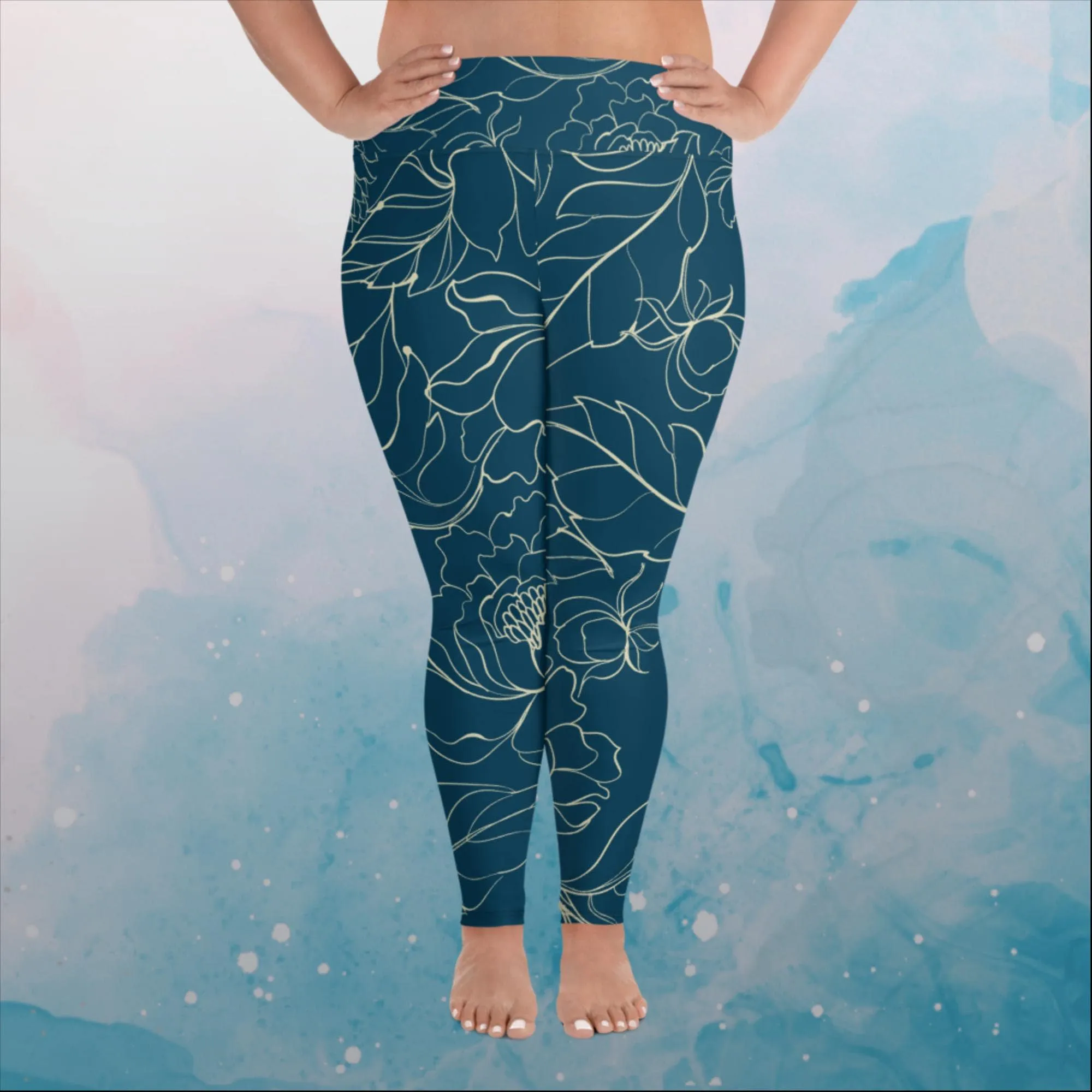 Blue and Cream Floral Stencil Lines Womens Print Plus Size Leggings