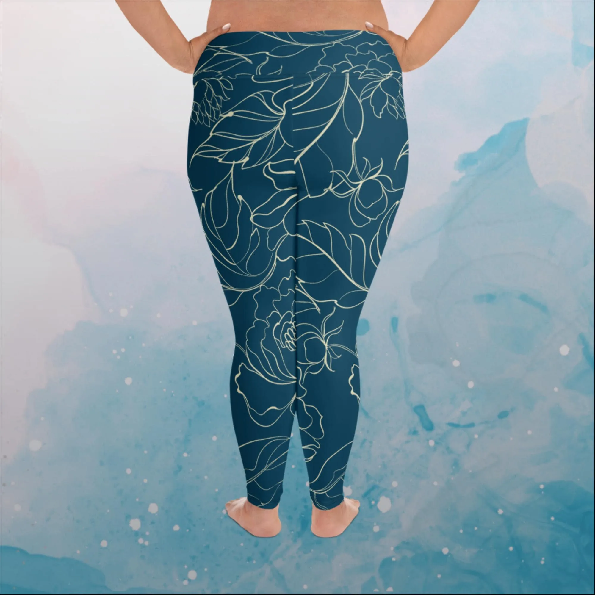Blue and Cream Floral Stencil Lines Womens Print Plus Size Leggings