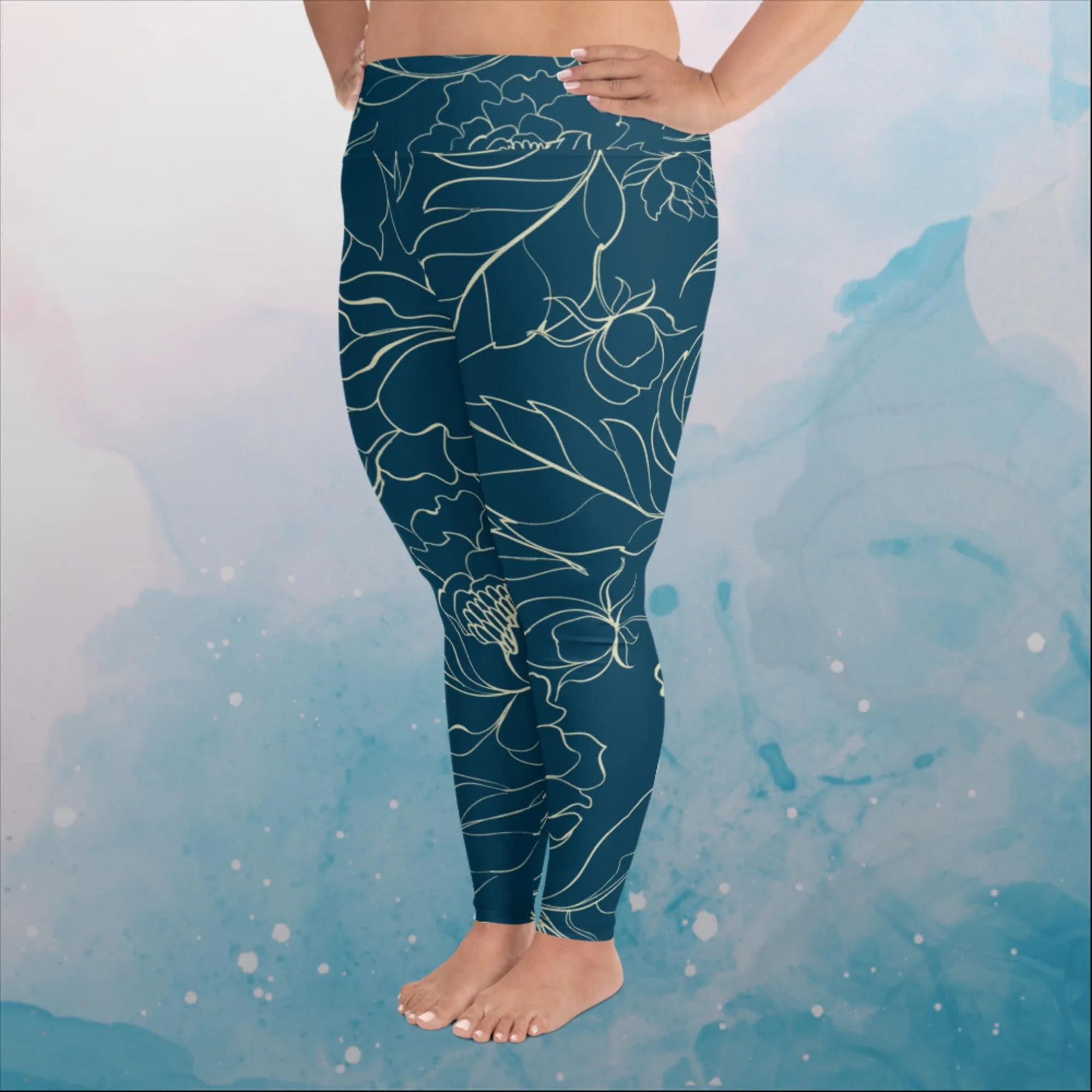 Blue and Cream Floral Stencil Lines Womens Print Plus Size Leggings