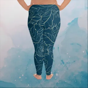 Blue and Cream Floral Stencil Lines Womens Print Plus Size Leggings