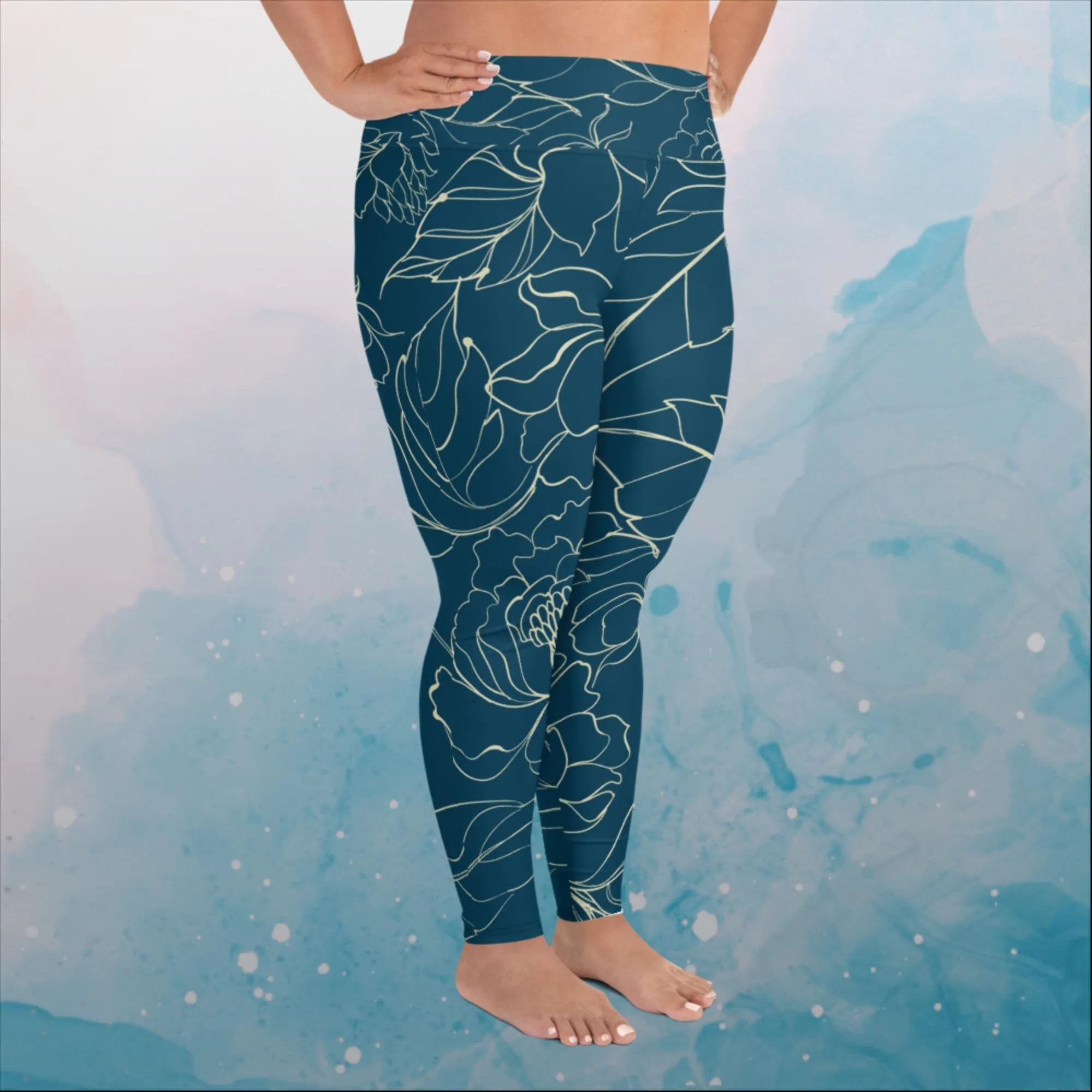 Blue and Cream Floral Stencil Lines Womens Print Plus Size Leggings