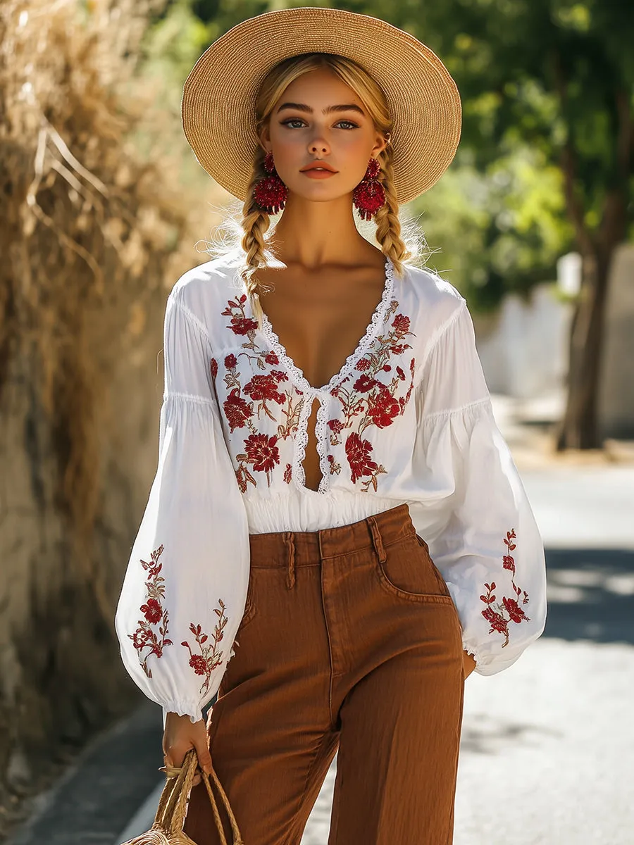 Elegant And Stylish Bohemian Flower Embroidered Shirt