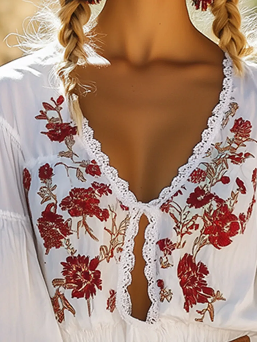 Elegant And Stylish Bohemian Flower Embroidered Shirt