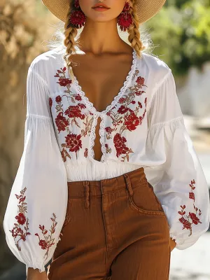 Elegant And Stylish Bohemian Flower Embroidered Shirt