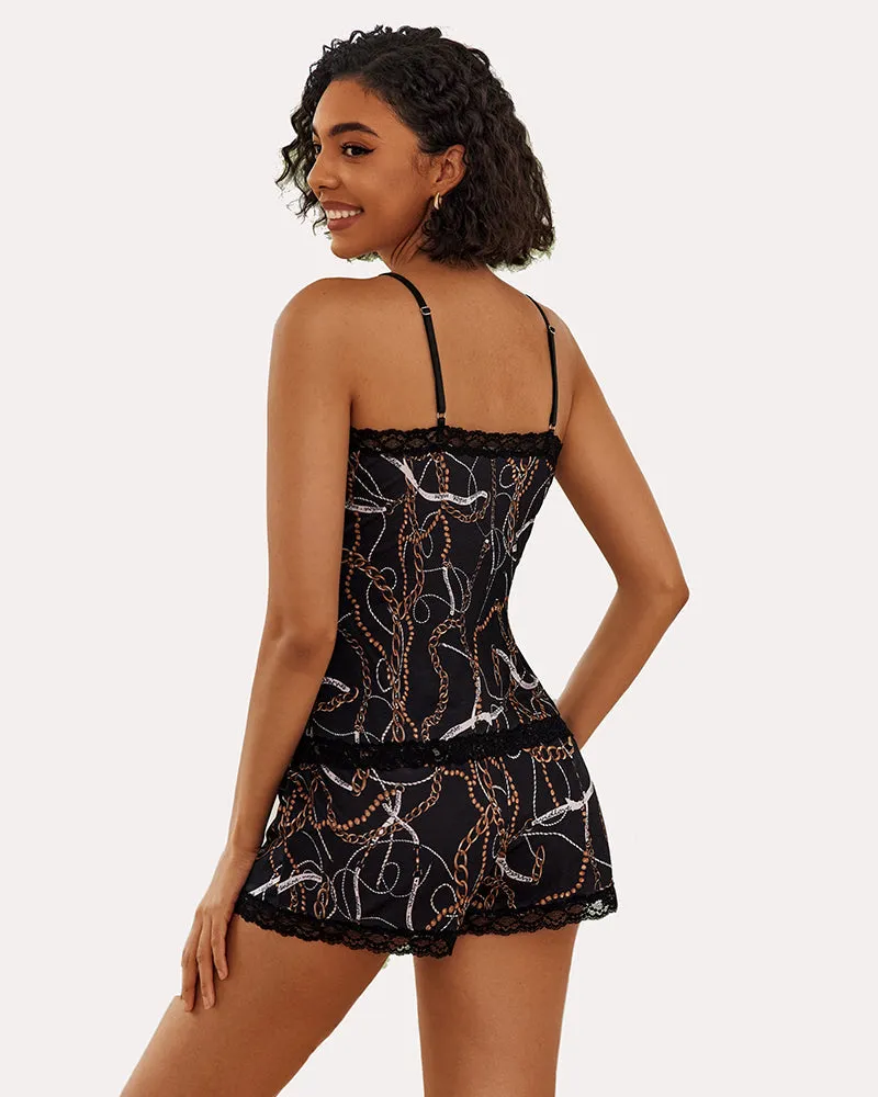 Floral Cami Pajama Set Lace Trim Short Set