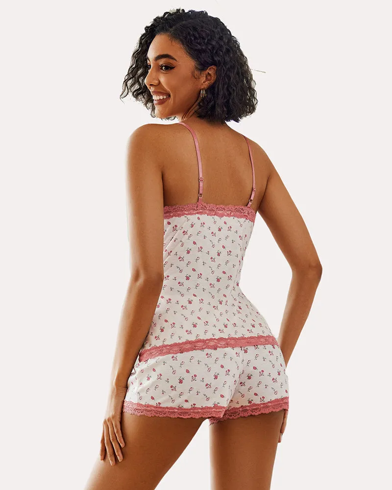 Floral Cami Pajama Set Lace Trim Short Set