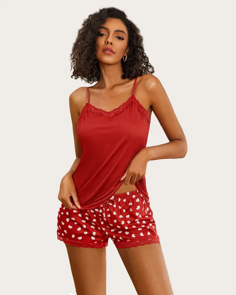 Floral Cami Pajama Set Lace Trim Short Set