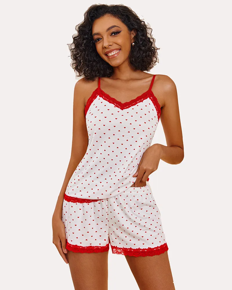 Floral Cami Pajama Set Lace Trim Short Set