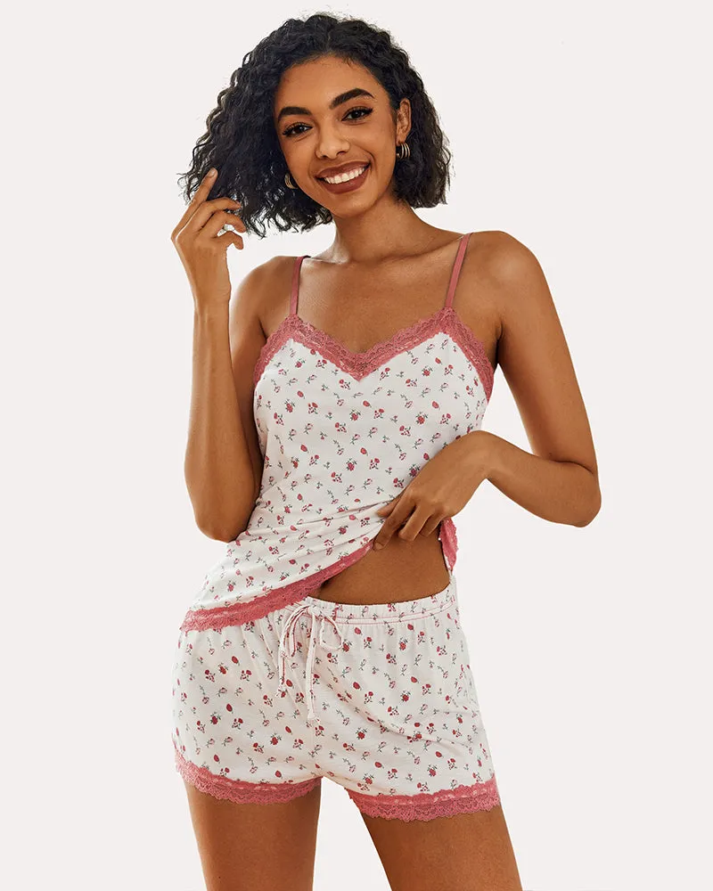 Floral Cami Pajama Set Lace Trim Short Set