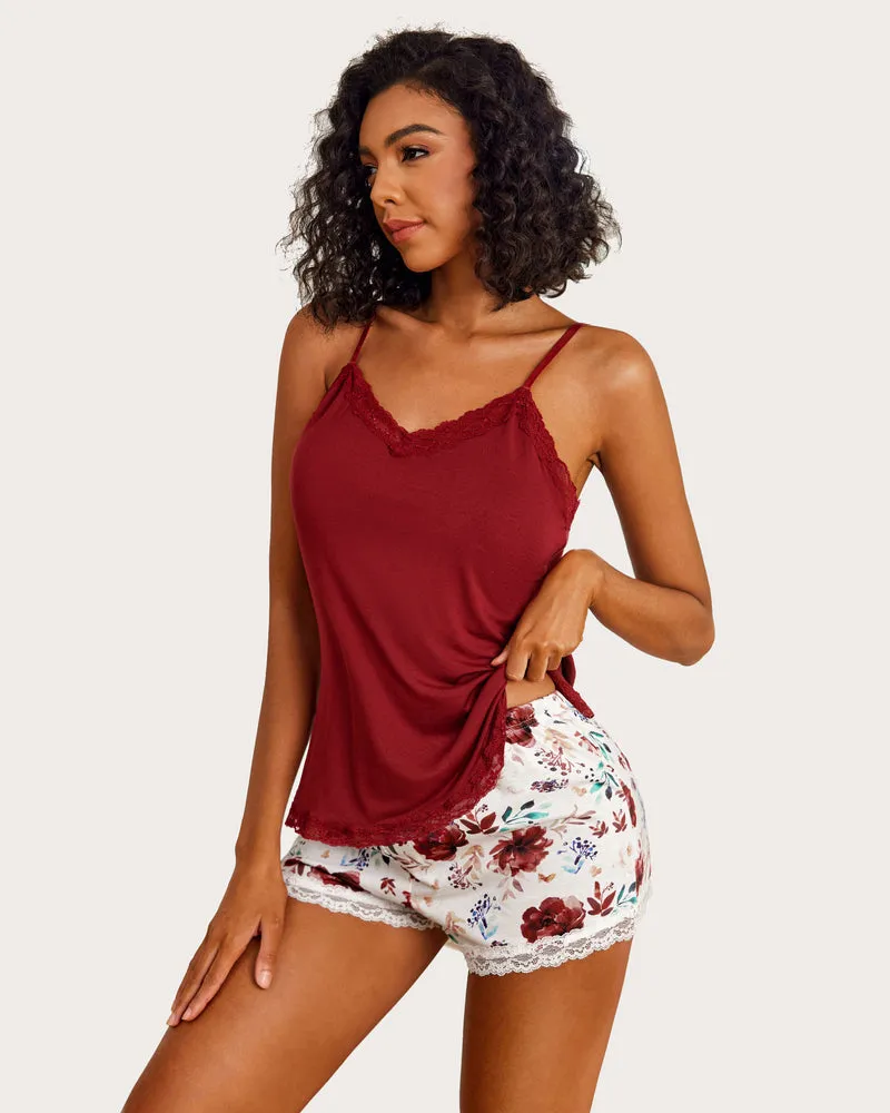Floral Cami Pajama Set Lace Trim Short Set