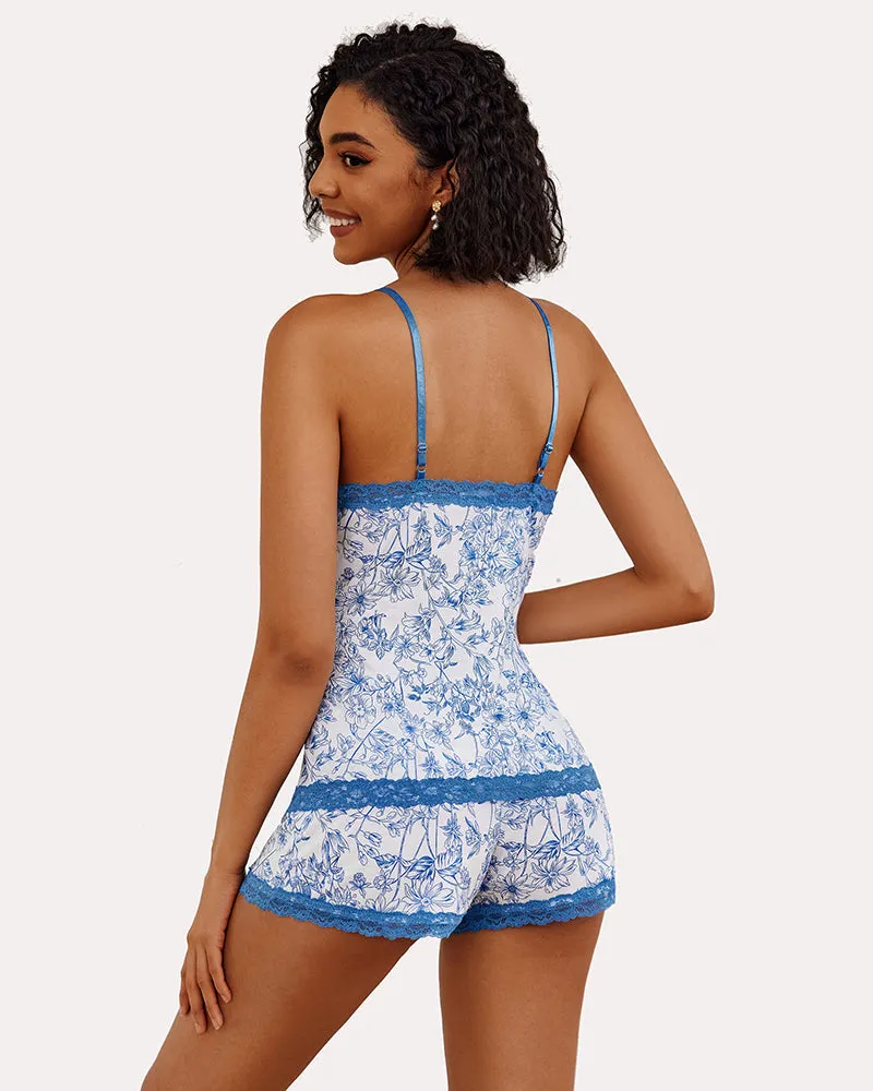 Floral Cami Pajama Set Lace Trim Short Set