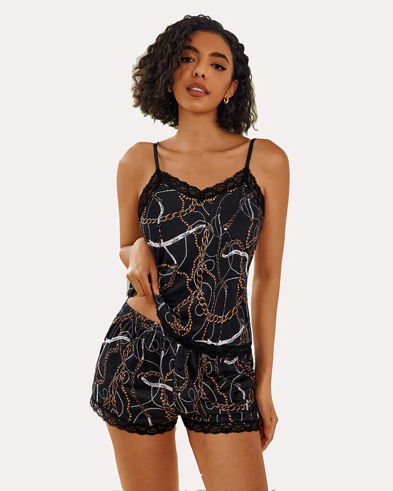 Floral Cami Pajama Set Lace Trim Short Set