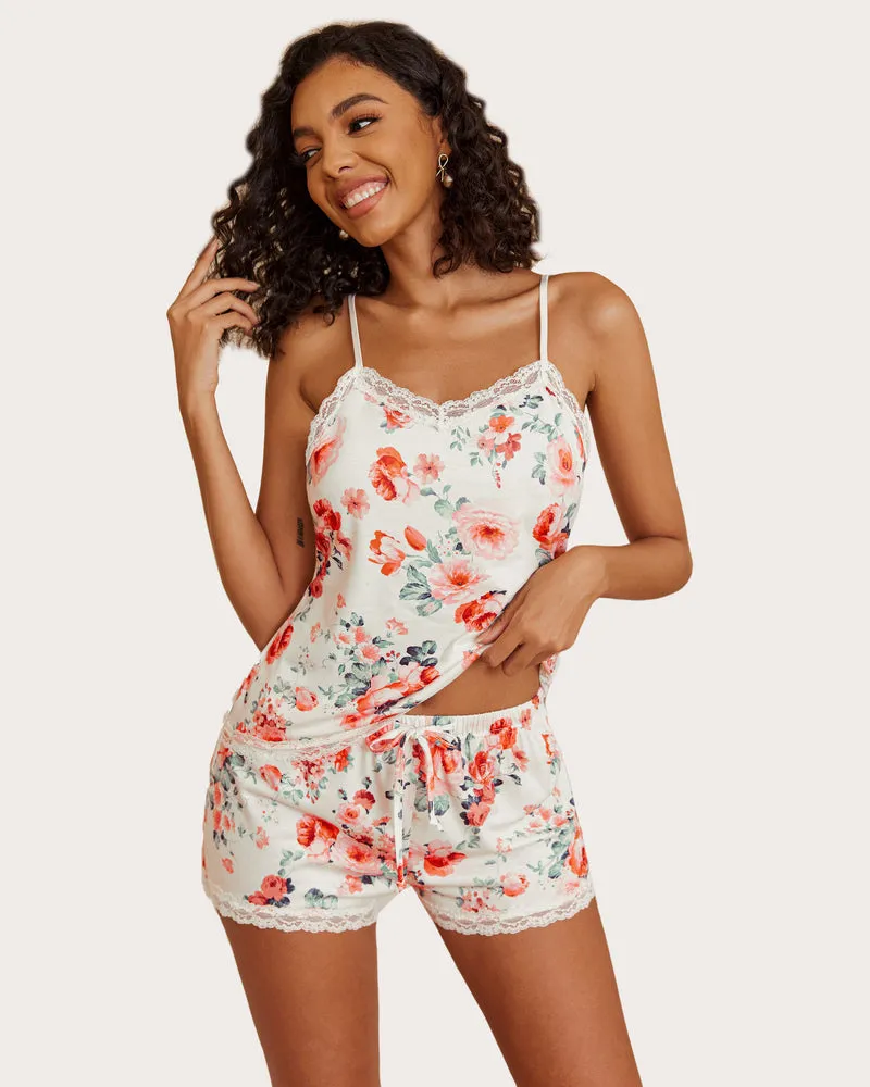 Floral Cami Pajama Set Lace Trim Short Set