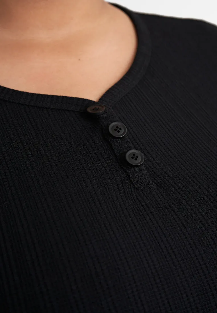 Helene Ribbed Henley Tee - Black