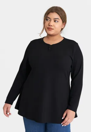 Helene Ribbed Henley Tee - Black