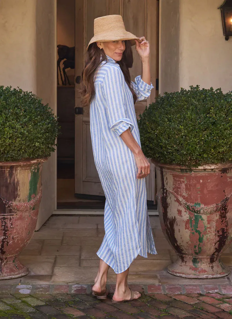 Rory White and Blue Stripe Linen Maxi Shirtdress