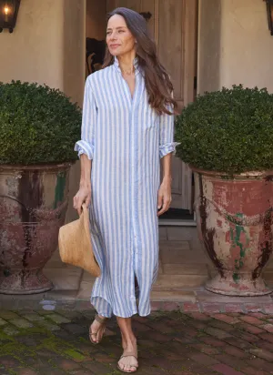 Rory White and Blue Stripe Linen Maxi Shirtdress