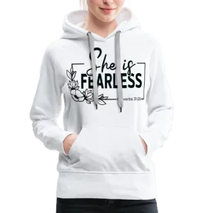She Is Fearless Women’s Premium Hoodie (Proverbs 31:25)