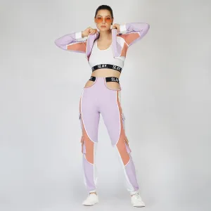 SLAY. Women's Activewear Tracksuit Lilac/Lavender Colorblock Crop Jacket &  High Waist Cargo Pants Co-ord Set