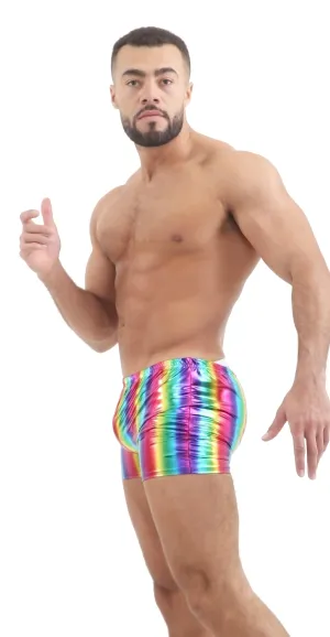 Unisex Shiny Metallic Rainbow Hot Pant Gay Pride Sexy Wet Look Stretchable Shorts Pants