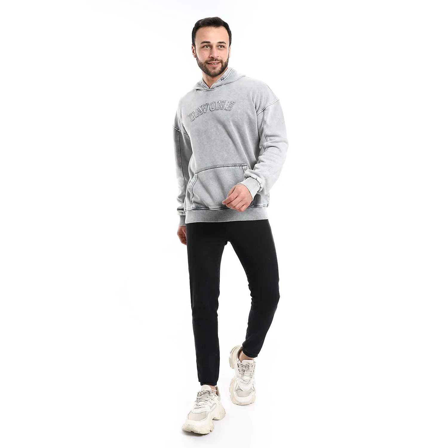 Washed Hoodie With Front Pocket - Pavone