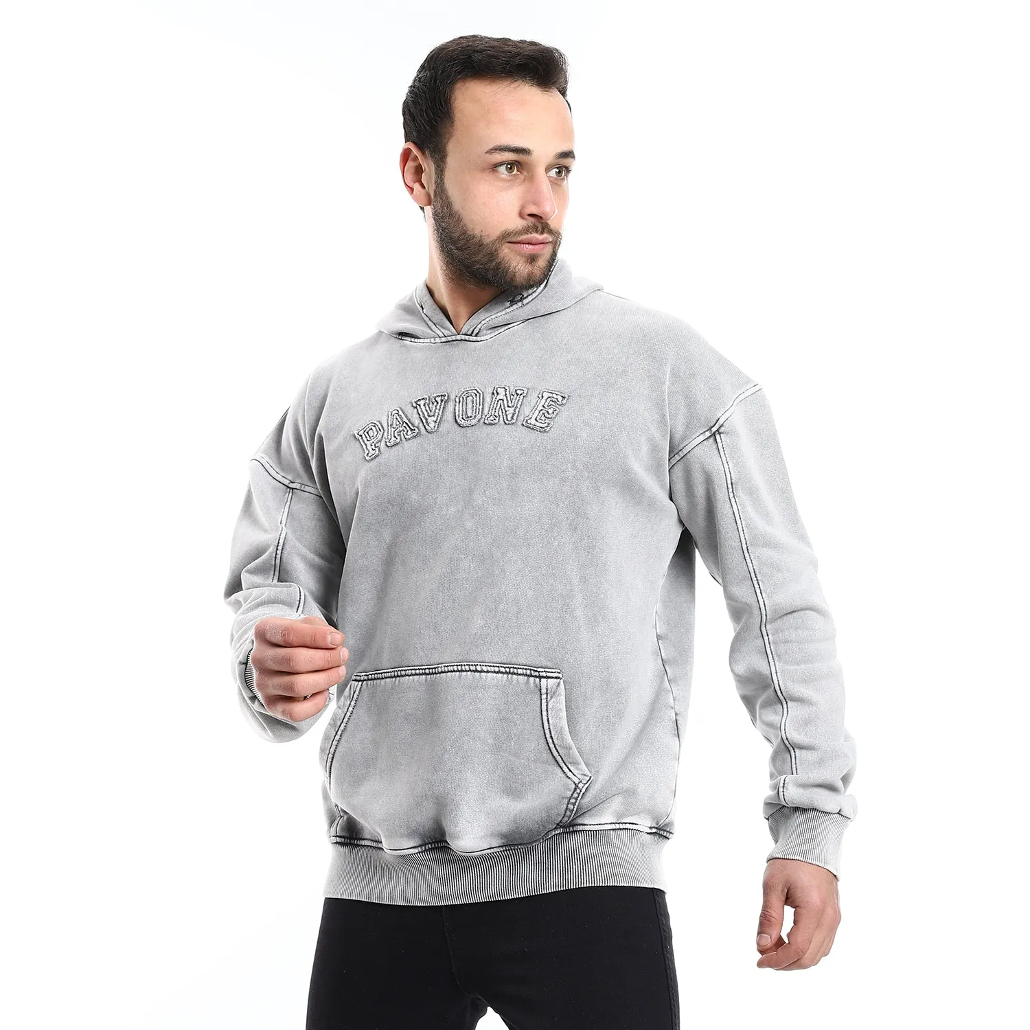 Washed Hoodie With Front Pocket - Pavone