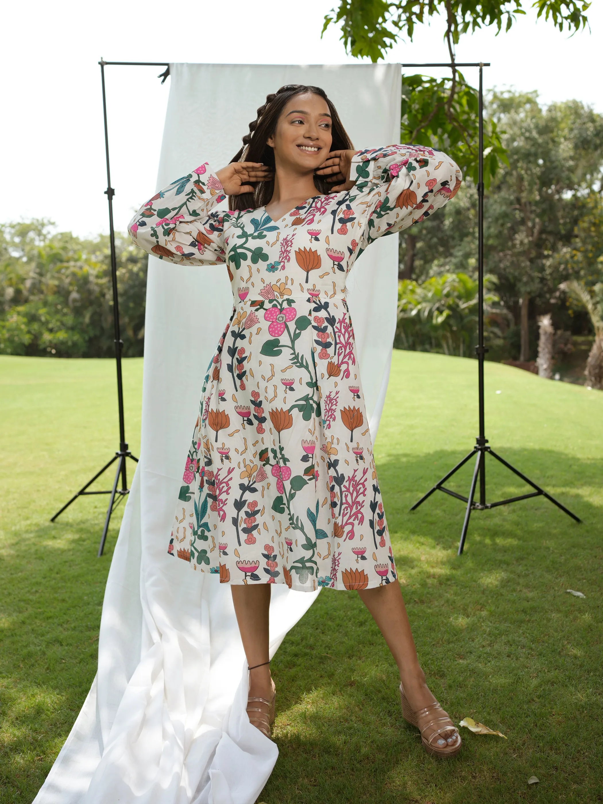 White Botanical Printed Dress