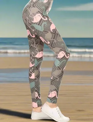 Womens Flamingo Leggings, Soft Yoga Pants, Sizes 0-20, Yoga Waist, Gray/Pink