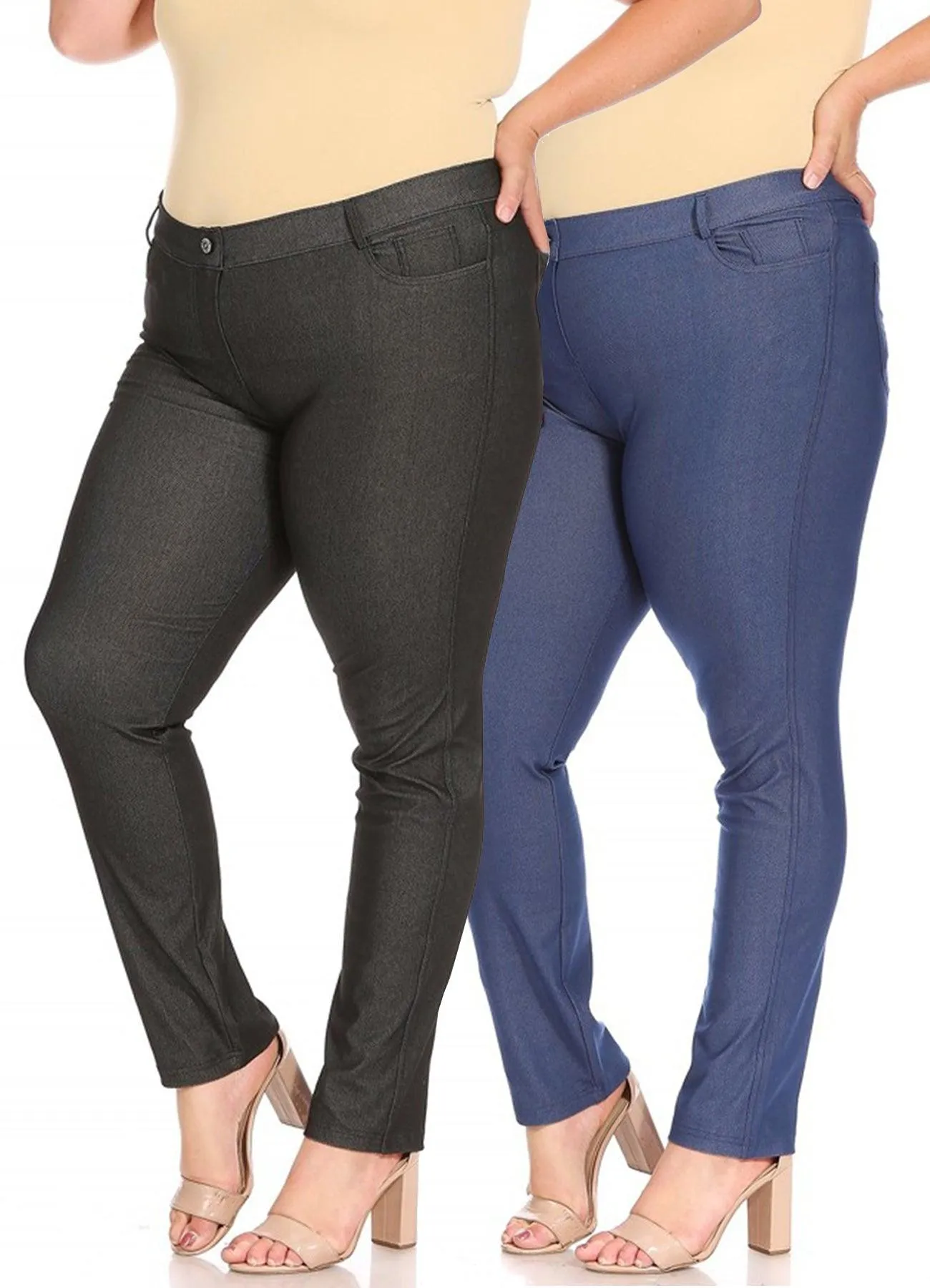 Women's Plus Size Comfy Slim Pocket Jeggings Jeans Pants with Button Pack of 2